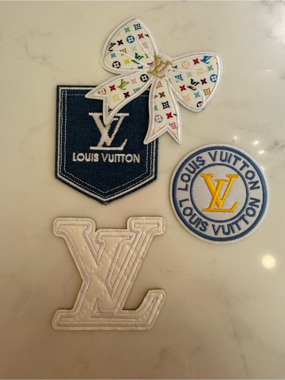 Adorable Hand Crafted White Multicolor Bow and Denim patches